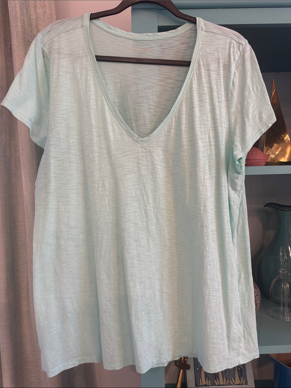 Lilly Pulitzer Etta Aqua V-Neck Short Sleeve Tee XL EUC